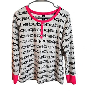 Bebe Sleepwear Henley Top Logo Large Black Pink Ribbed Cozy Vintage Y2K Grunge